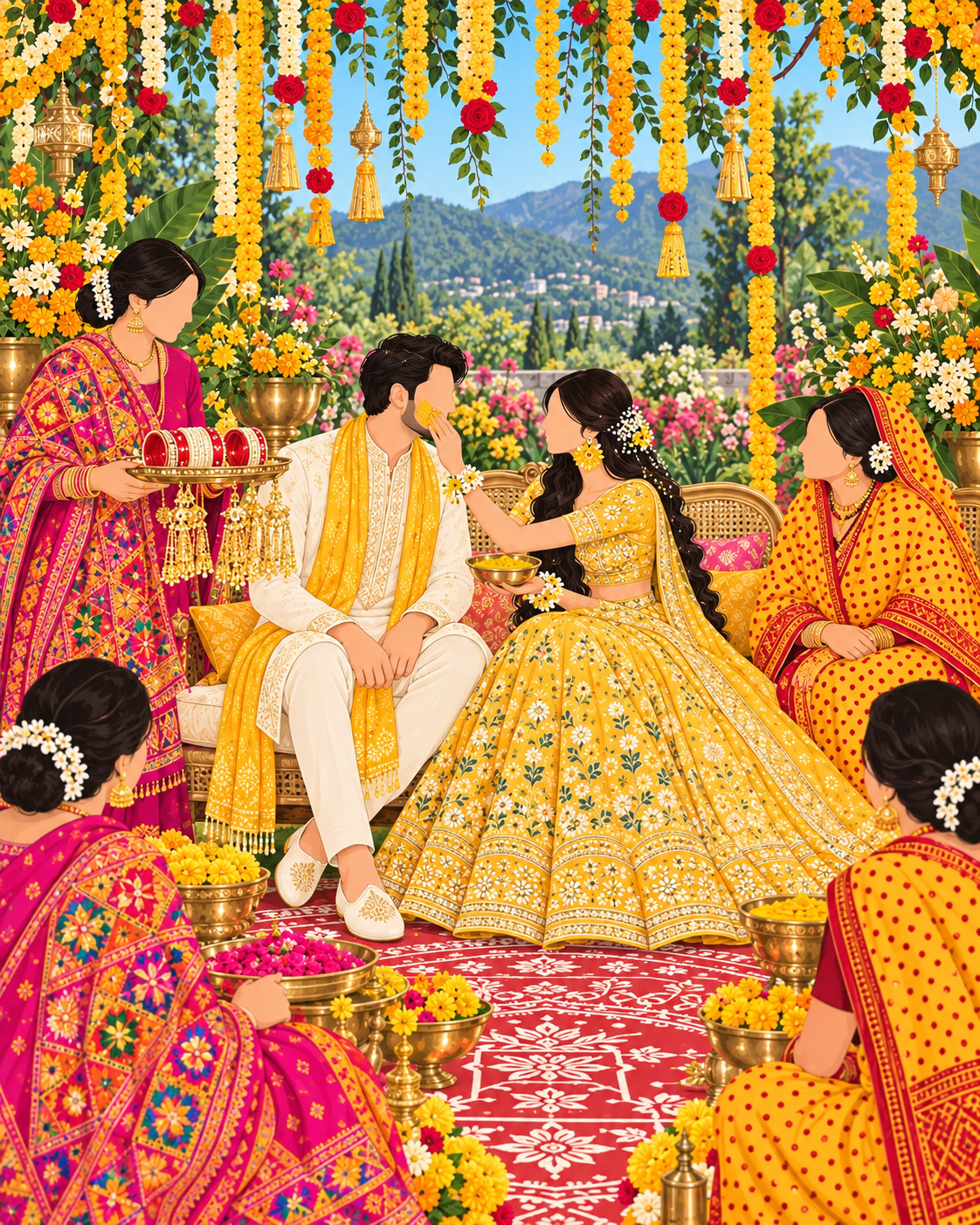 Illustrated Haldi and Chudha with Kumaoni red-dotted pichora, Punjabi phulkari, chooda and gold kaleere
