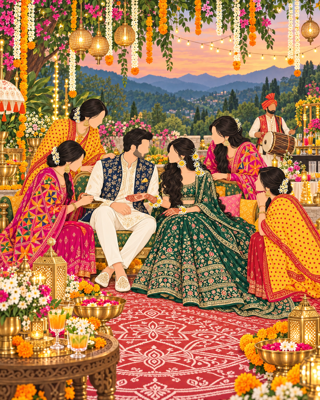 Illustrated Mehendi and Cocktail celebration with Kumaoni pichora, Punjabi phulkari, dhol and aipan decoration