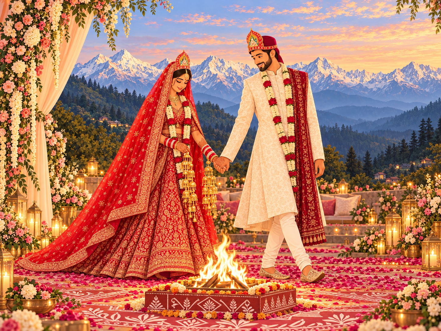 Illustrated Punjabi bride and Kumaoni groom taking pheras around the sacred fire, wearing traditional wedding crowns, chooda and kaleere against a Himalayan backdrop