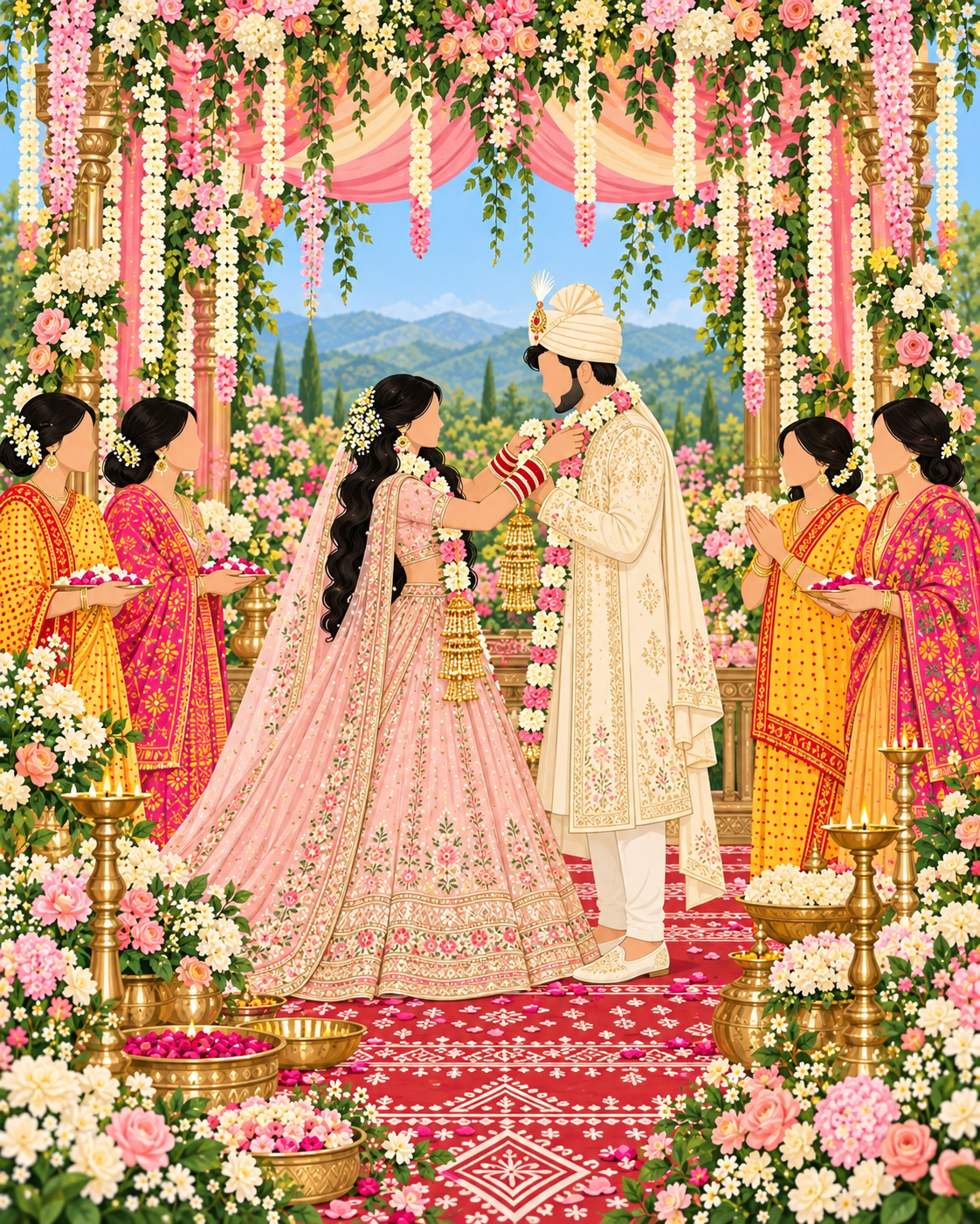 Illustrated Punjabi bride and Kumaoni groom exchanging garlands, with chooda, kaleere, pichora and aipan details
